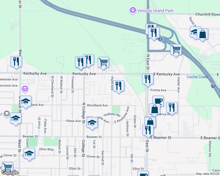 map of restaurants, bars, coffee shops, grocery stores, and more near 273 Chandler Court in Woodland