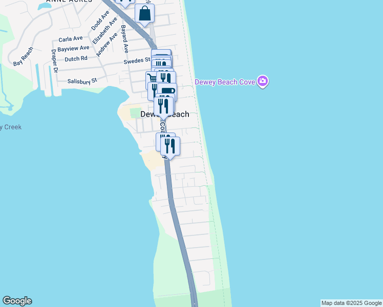 map of restaurants, bars, coffee shops, grocery stores, and more near 2 Rodney Avenue in Dewey Beach