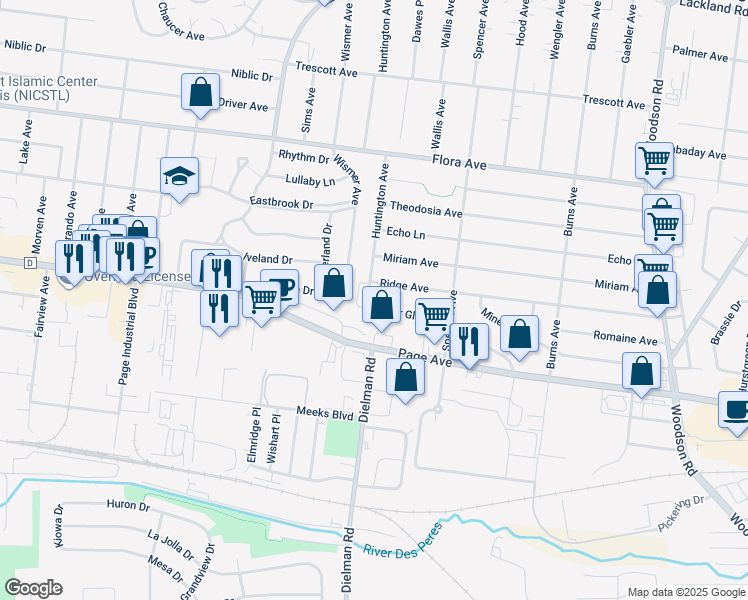 map of restaurants, bars, coffee shops, grocery stores, and more near 9719 Ridge Avenue in Overland