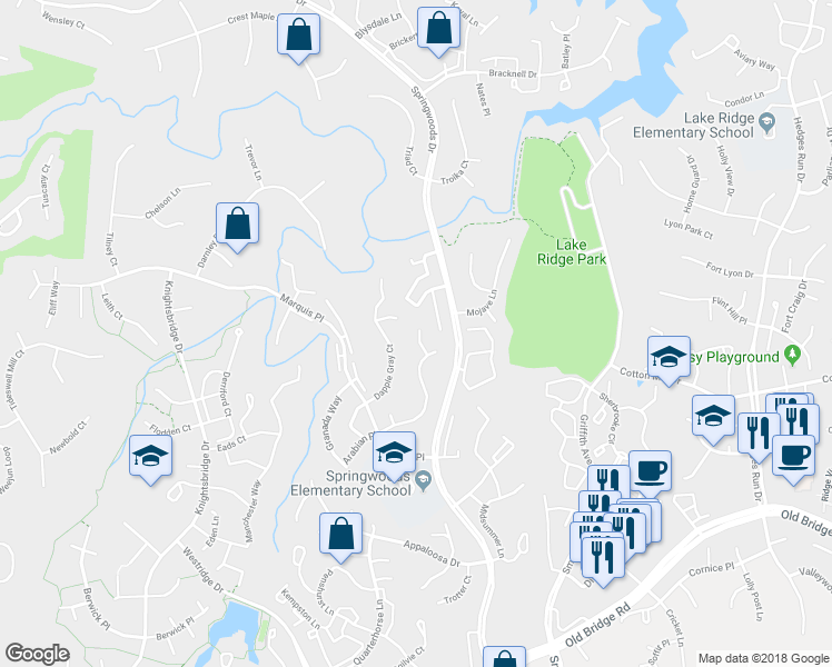 map of restaurants, bars, coffee shops, grocery stores, and more near 12208 Arabian Place in Woodbridge