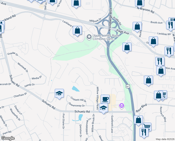 map of restaurants, bars, coffee shops, grocery stores, and more near 1612 Beckham Ridge Court in St. Louis