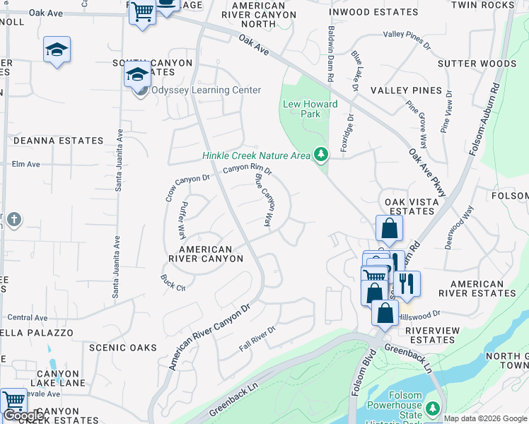 map of restaurants, bars, coffee shops, grocery stores, and more near 103 Middle Fork Court in Folsom