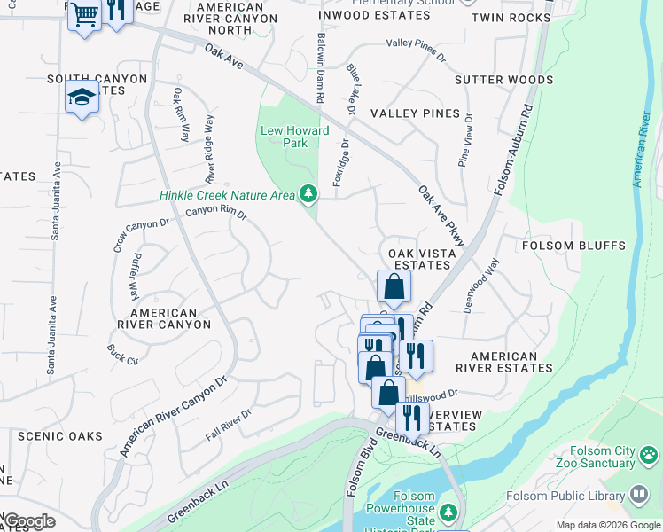 map of restaurants, bars, coffee shops, grocery stores, and more near 6858 Oak Avenue in Folsom
