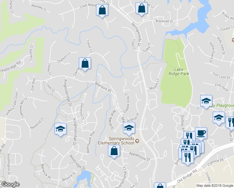 map of restaurants, bars, coffee shops, grocery stores, and more near 3886 Marquis Place in Woodbridge