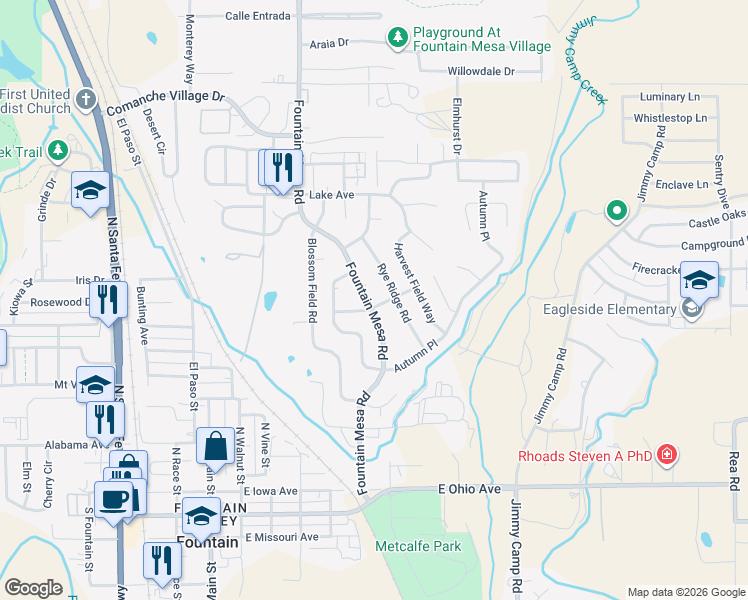 map of restaurants, bars, coffee shops, grocery stores, and more near 716 Fountain Mesa Road in Fountain