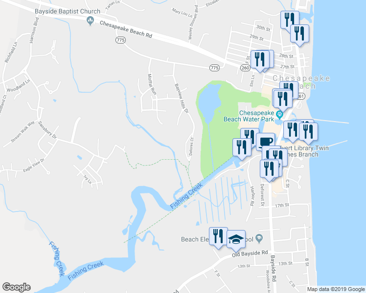 map of restaurants, bars, coffee shops, grocery stores, and more near 7968 Delores Court in Chesapeake Beach