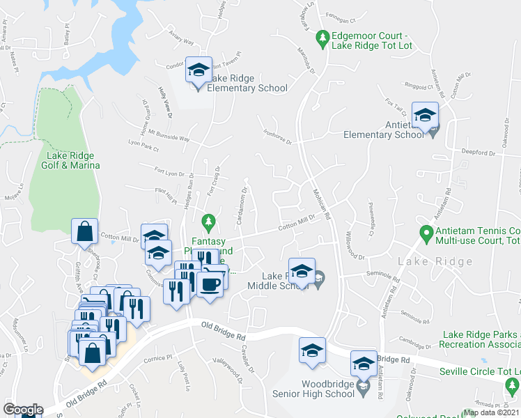 map of restaurants, bars, coffee shops, grocery stores, and more near 11978 Cardamom Drive in Woodbridge