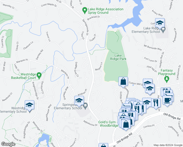 map of restaurants, bars, coffee shops, grocery stores, and more near 12180 Springwoods Drive in Woodbridge
