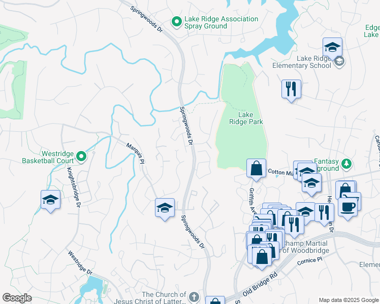 map of restaurants, bars, coffee shops, grocery stores, and more near 12180 Springwoods Drive in Woodbridge