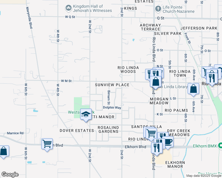 map of restaurants, bars, coffee shops, grocery stores, and more near 130 M Street in Rio Linda