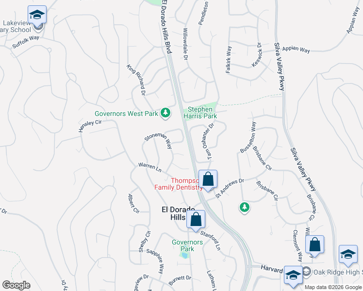 map of restaurants, bars, coffee shops, grocery stores, and more near 3020 Richardson Circle in El Dorado Hills