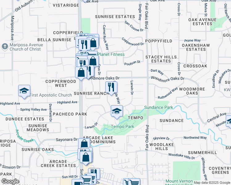 map of restaurants, bars, coffee shops, grocery stores, and more near 6835 Red Maple Way in Citrus Heights