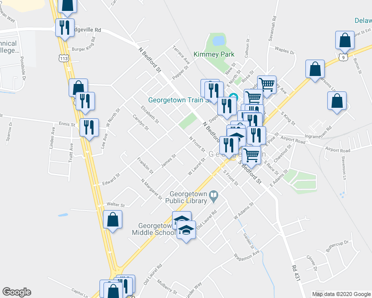 map of restaurants, bars, coffee shops, grocery stores, and more near 19 Elizabeth Street in Georgetown