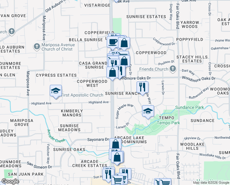 map of restaurants, bars, coffee shops, grocery stores, and more near in Citrus Heights