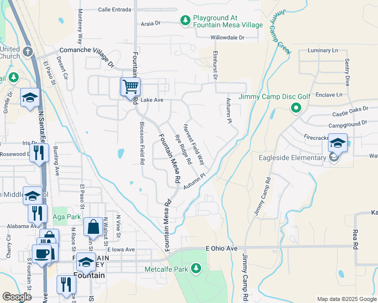 map of restaurants, bars, coffee shops, grocery stores, and more near 640 Rye Ridge Road in Fountain