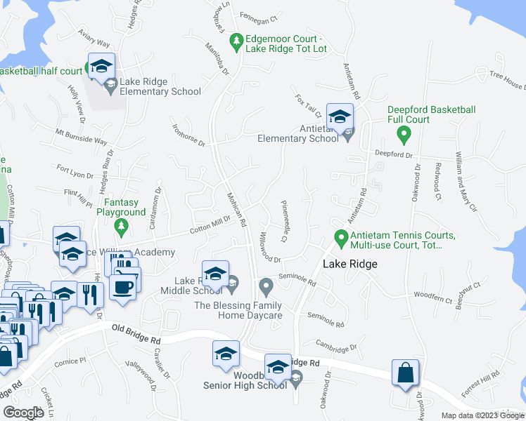 map of restaurants, bars, coffee shops, grocery stores, and more near 12003 Willowood Drive in Woodbridge