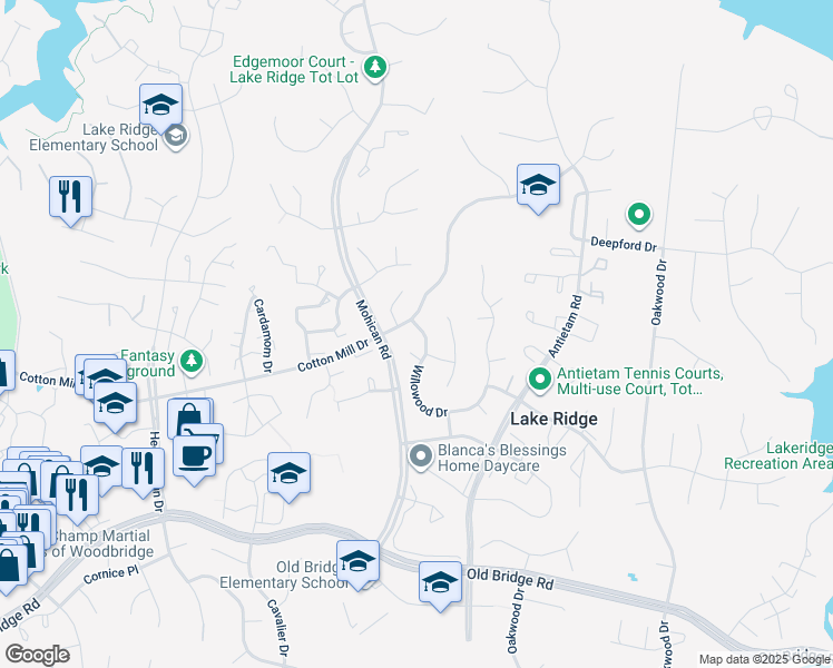 map of restaurants, bars, coffee shops, grocery stores, and more near 12003 Willowood Drive in Woodbridge