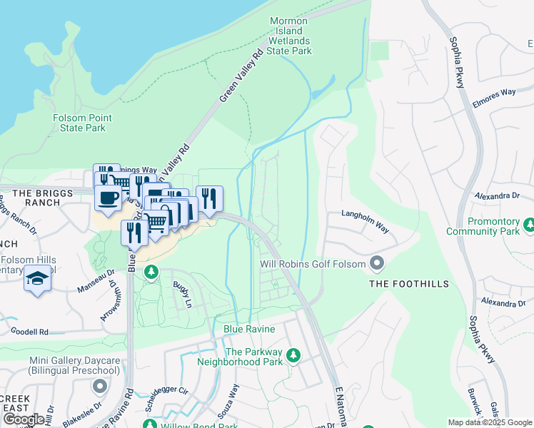 map of restaurants, bars, coffee shops, grocery stores, and more near 203 Esplanade Circle in Folsom