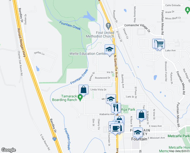 map of restaurants, bars, coffee shops, grocery stores, and more near 425 Rosewood Drive in Fountain