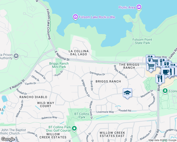 map of restaurants, bars, coffee shops, grocery stores, and more near 107 Zanetta Court in Folsom