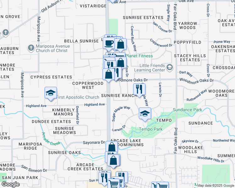 map of restaurants, bars, coffee shops, grocery stores, and more near in Citrus Heights