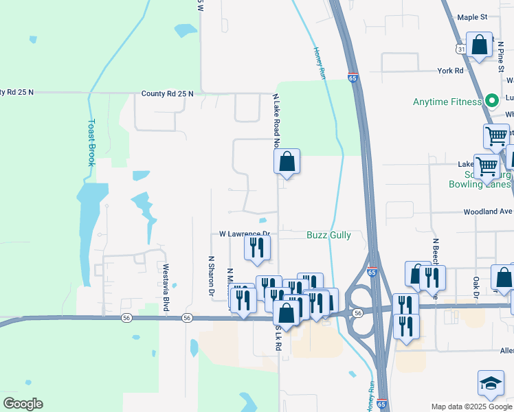map of restaurants, bars, coffee shops, grocery stores, and more near 221 North Nicole Lane in Scottsburg