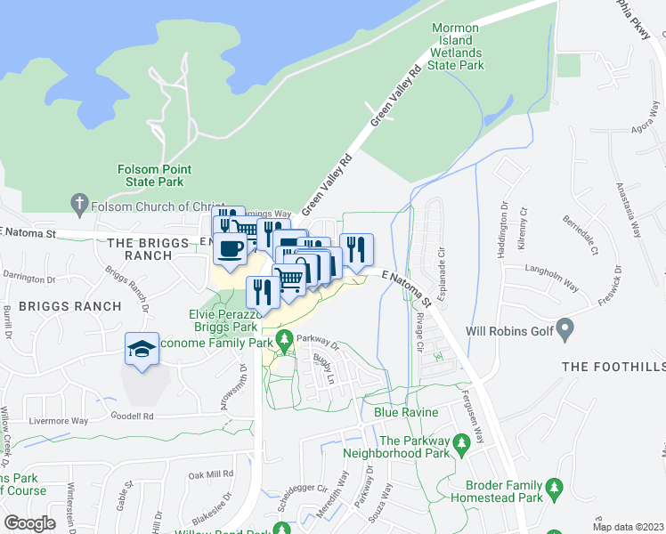 map of restaurants, bars, coffee shops, grocery stores, and more near 1715 Ballou Court in Folsom