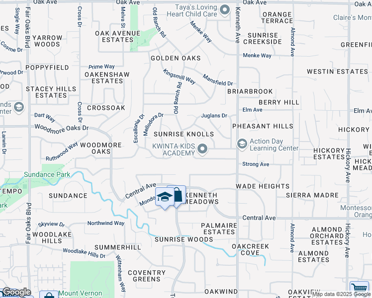 map of restaurants, bars, coffee shops, grocery stores, and more near 6808 Escallonia Drive in Orangevale