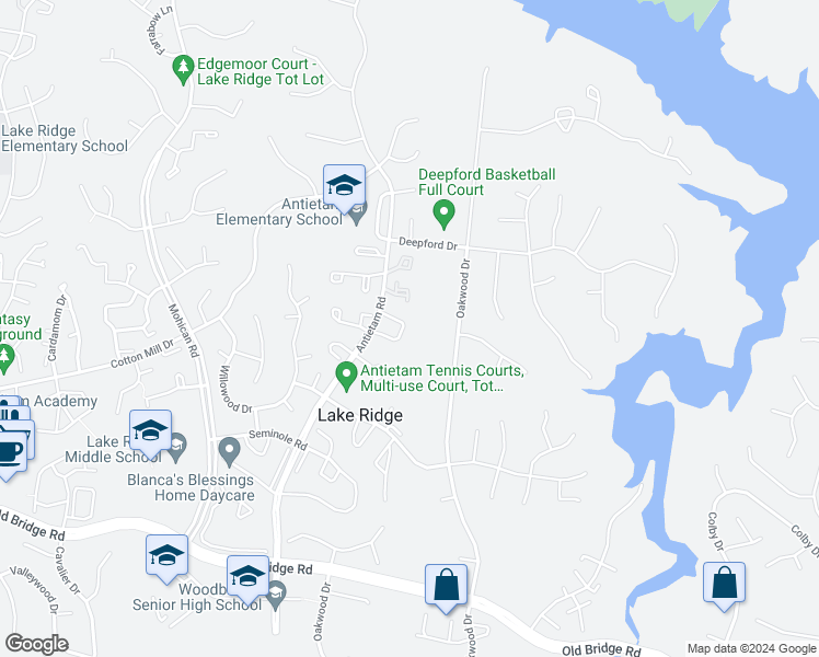 map of restaurants, bars, coffee shops, grocery stores, and more near 2847 Madeira Court in Woodbridge