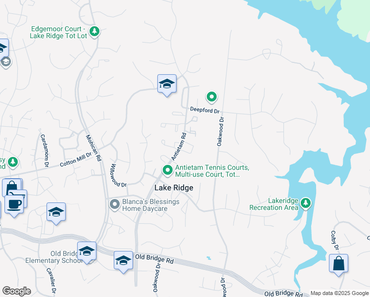 map of restaurants, bars, coffee shops, grocery stores, and more near 2896 Madeira Court in Woodbridge