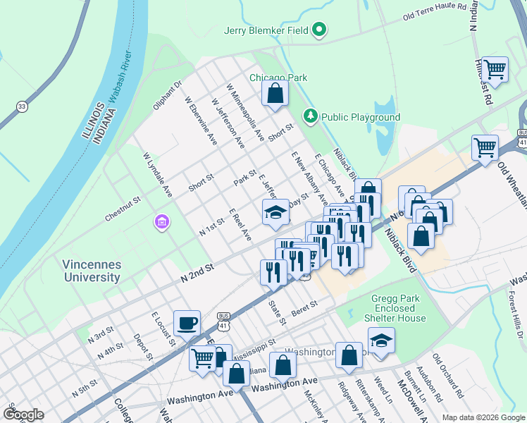 map of restaurants, bars, coffee shops, grocery stores, and more near 108 E Eberwine Ave in Vincennes