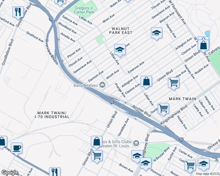 map of restaurants, bars, coffee shops, grocery stores, and more near 4586 Emerson Avenue in St. Louis