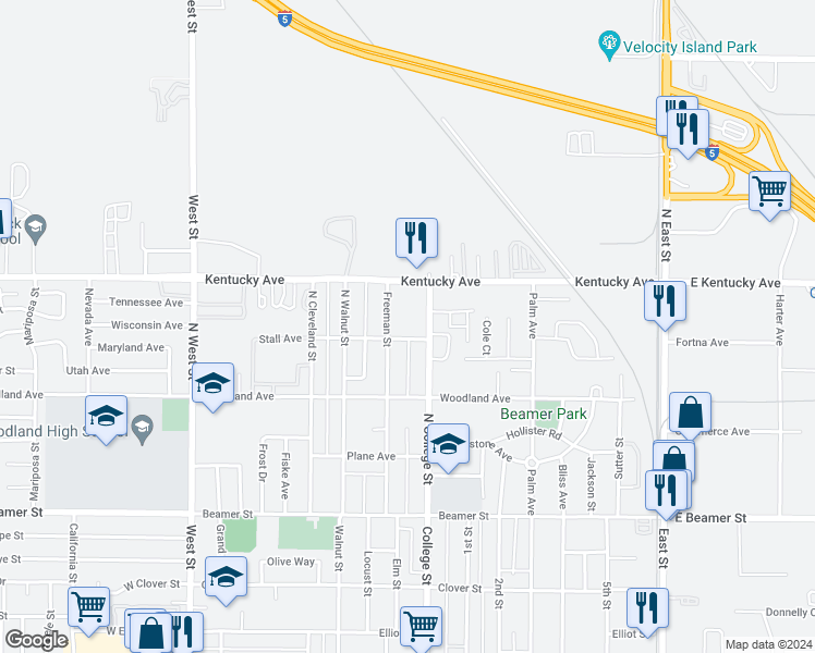 map of restaurants, bars, coffee shops, grocery stores, and more near 311 North College Street in Woodland