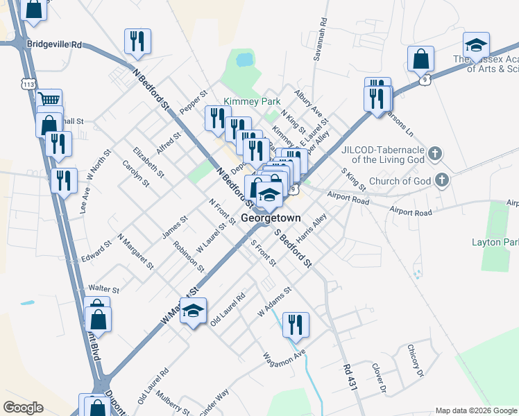 map of restaurants, bars, coffee shops, grocery stores, and more near 17 East Market Street in Georgetown