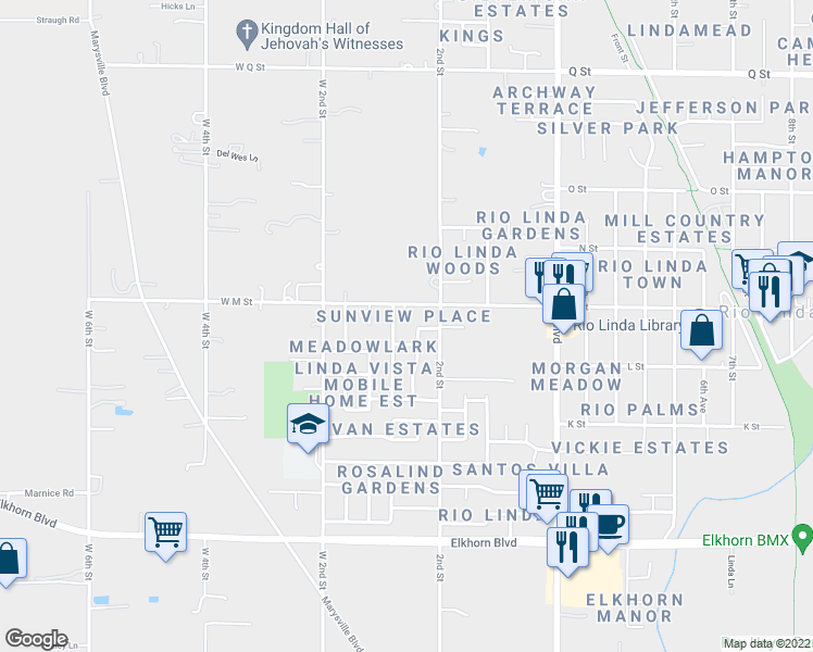 map of restaurants, bars, coffee shops, grocery stores, and more near 118 M Street in Rio Linda