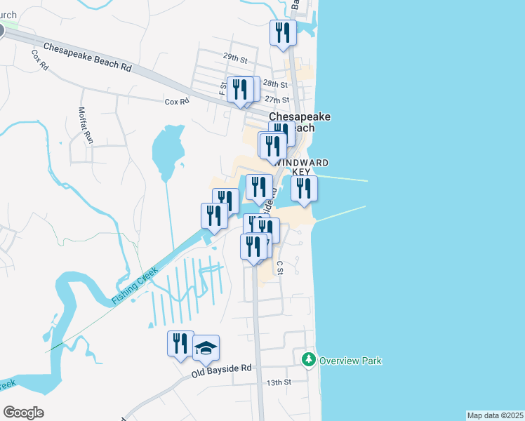 map of restaurants, bars, coffee shops, grocery stores, and more near 8016 Bayside Road in Chesapeake Beach