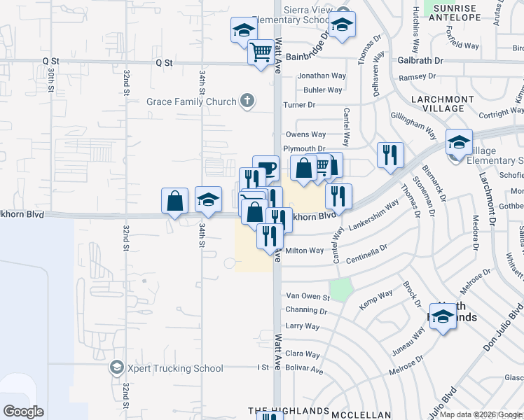 map of restaurants, bars, coffee shops, grocery stores, and more near 3525 Elkhorn Boulevard in North Highlands