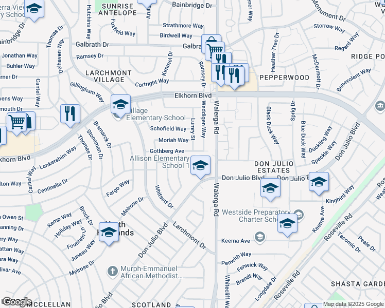 map of restaurants, bars, coffee shops, grocery stores, and more near 4158 Gothberg Avenue in North Highlands