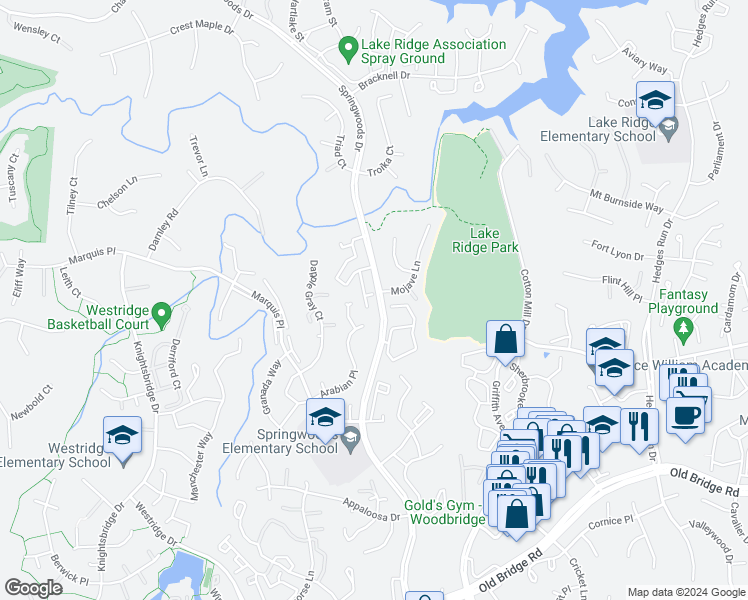 map of restaurants, bars, coffee shops, grocery stores, and more near 12172 Springwoods Drive in Woodbridge