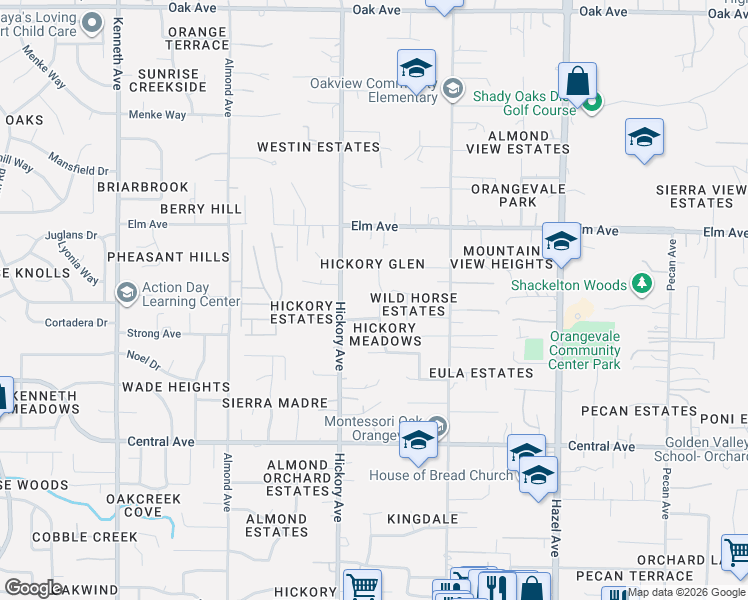 map of restaurants, bars, coffee shops, grocery stores, and more near 6900 Thayer Way in Orangevale