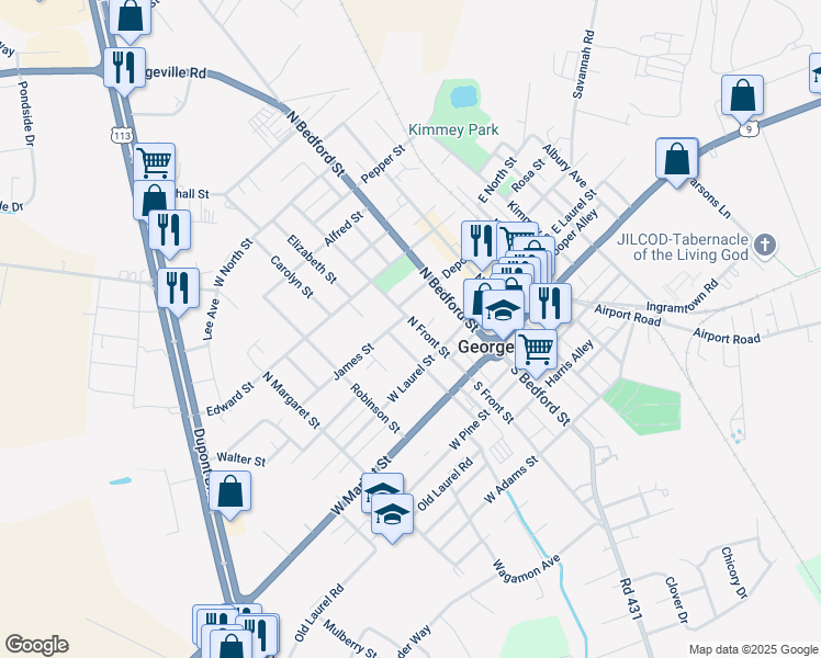 map of restaurants, bars, coffee shops, grocery stores, and more near 108 North Front Street in Georgetown