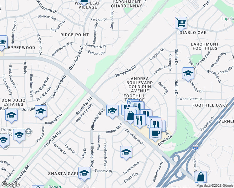 map of restaurants, bars, coffee shops, grocery stores, and more near 6859 Barbara Lee Circle in Sacramento