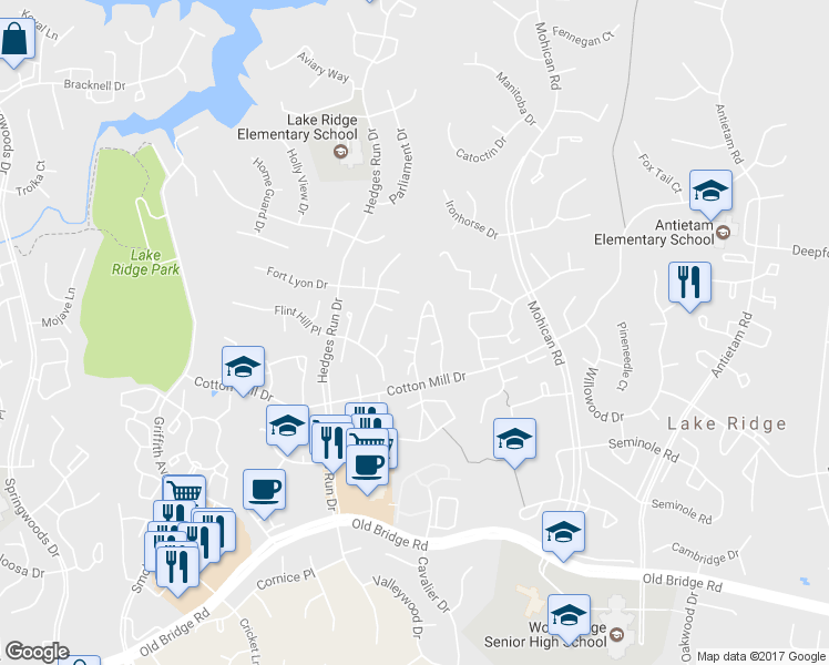 map of restaurants, bars, coffee shops, grocery stores, and more near 12122 Cardamom Drive in Woodbridge