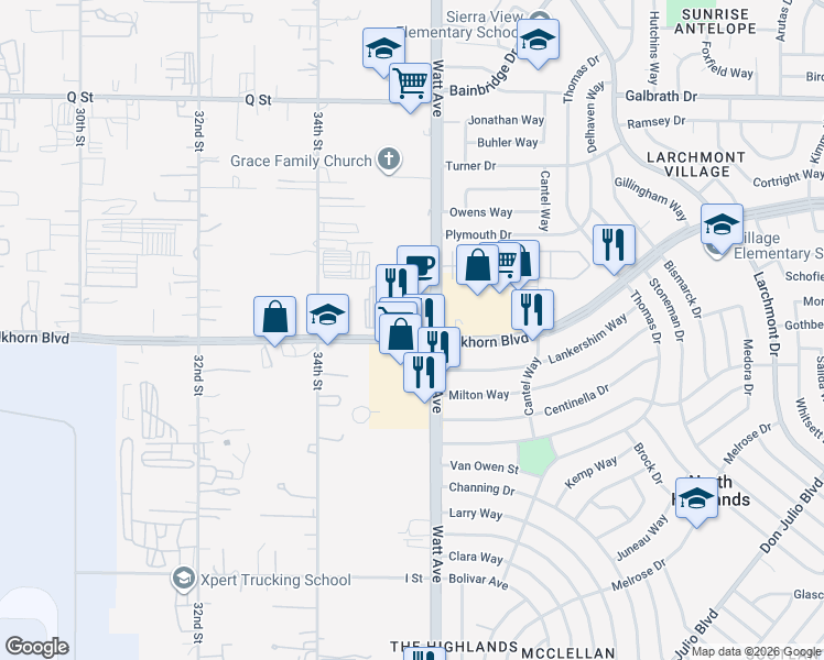 map of restaurants, bars, coffee shops, grocery stores, and more near 3535 Elkhorn Boulevard in North Highlands
