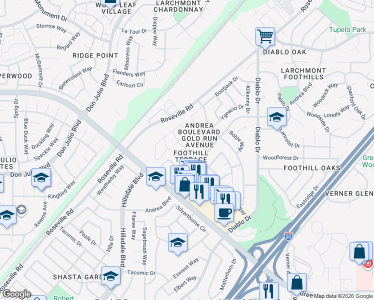 map of restaurants, bars, coffee shops, grocery stores, and more near 5236 Sweet Birch Court in Sacramento