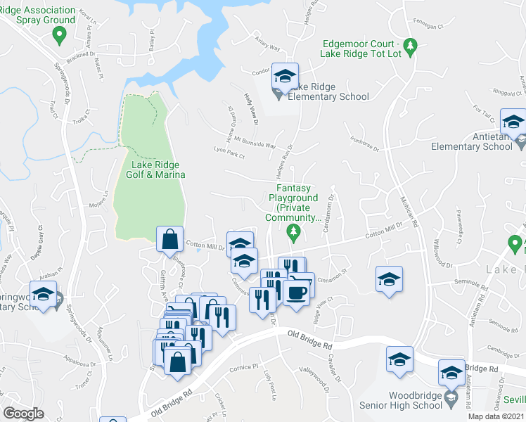 map of restaurants, bars, coffee shops, grocery stores, and more near 3414 Flint Hill Place in Woodbridge