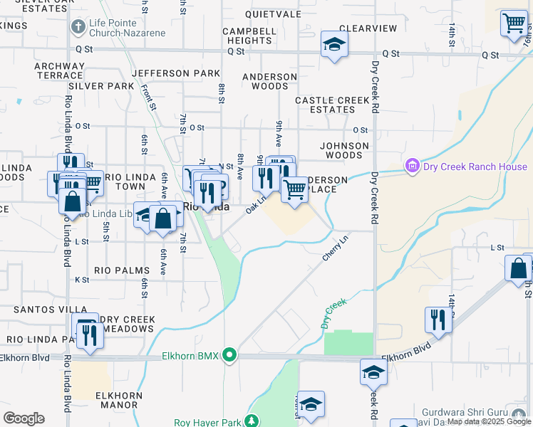 map of restaurants, bars, coffee shops, grocery stores, and more near 904 Oak Lane in Rio Linda