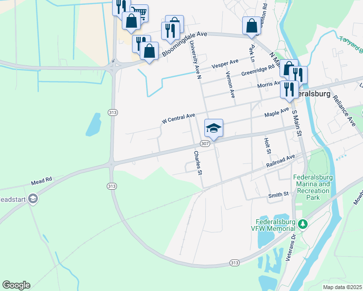 map of restaurants, bars, coffee shops, grocery stores, and more near 605 Academy Avenue in Federalsburg