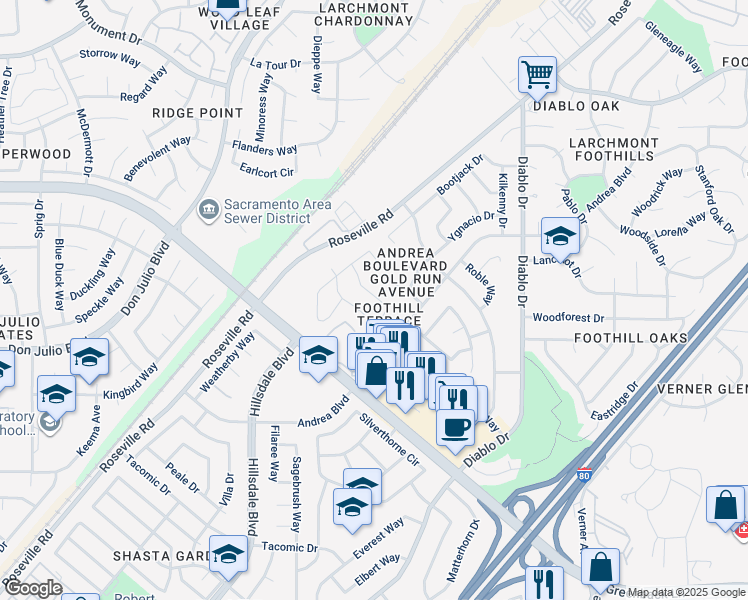 map of restaurants, bars, coffee shops, grocery stores, and more near 5236 Sweet Birch Court in Sacramento