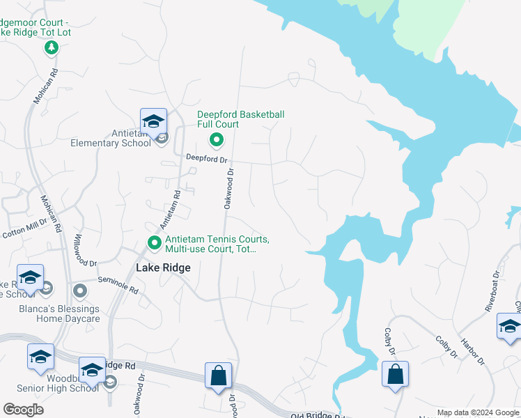 map of restaurants, bars, coffee shops, grocery stores, and more near 12219 Redwood Court in Woodbridge